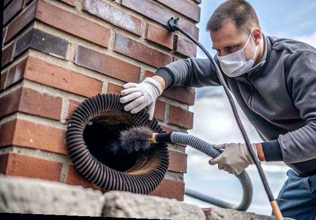 Technician checking a brick flue opening with a vacuum line in Brooklyn