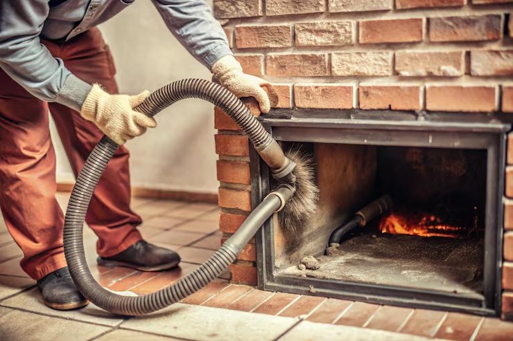 Technician vacuuming a rowhouse fireplace during service