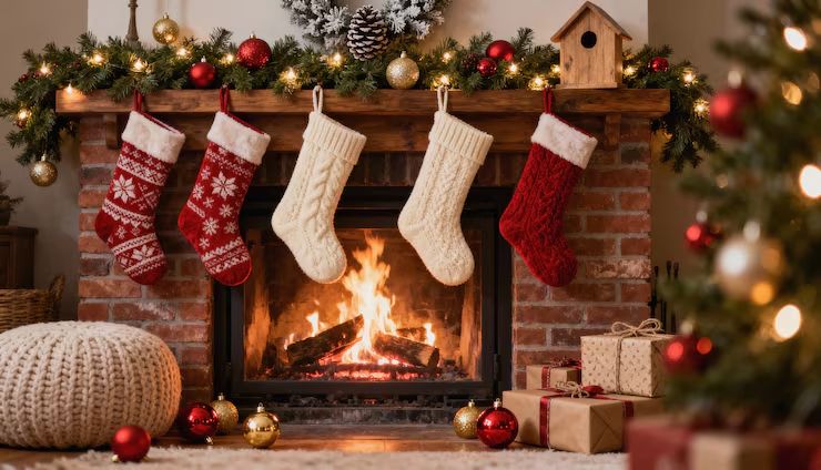 Decorated mantel over a working fireplace