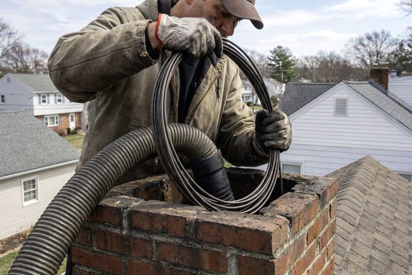 Sweep feeding cleaning rods into a brick chimney above a Brooklyn rooftop